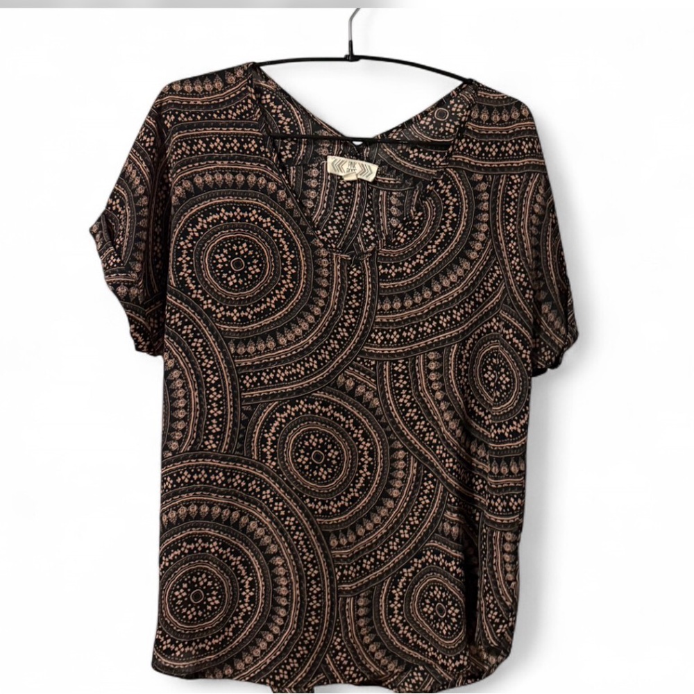 Pink Rose Boho Paisley Blouse Size Large Black Pink Flowy Top
